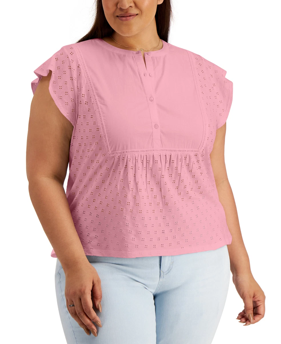 Style & Co Women's Plus Size Cotton Eyelet Top (3X, Pink Icing)