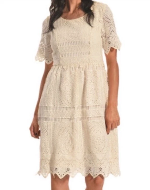 OFF WHITE Abito Polagram stile uncinetto pizzo panna taglia S