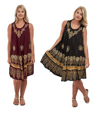 Women Ladies Plus Size Sleeveless Dress Beach Summer Sundress Embroidered Neck
