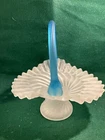 Vintage Fenton Basket Frosted Glass Ruffled Rim Turquoise Thumb Print Handle