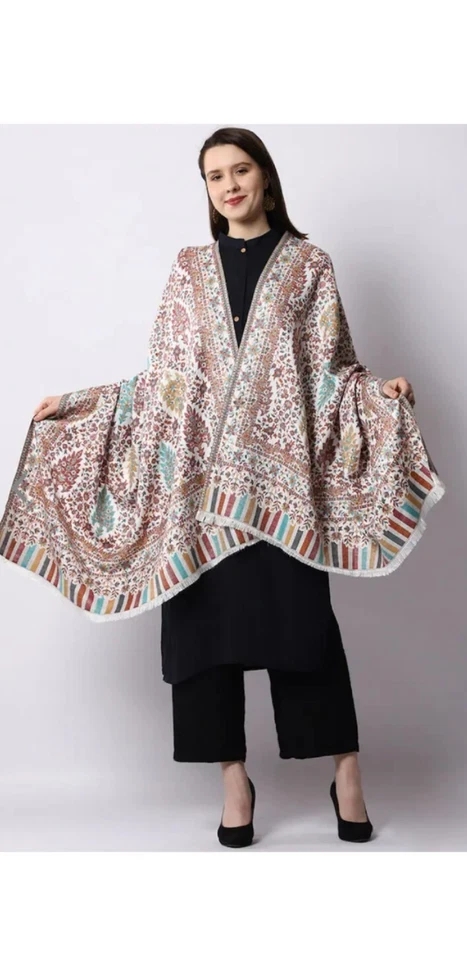 Mantón bordado cachemir 80"x40" para mujer Jamwar meditación lana manta a rayas Foto 2 de 4