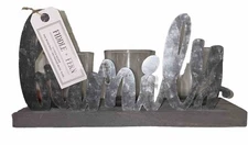 Group of 3 Votives in Clear Glass Holders Sits on Wood w/family in Tin