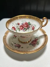 Vintage Old Royal Bone China  Footed Tea Cup And Saucer Roses Gold