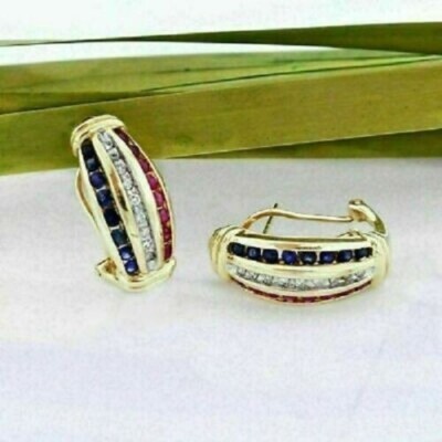 2Ct Lab Created Round Cut Blue Sapphire & Ruby Earrings 14K Yellow Gold Finish