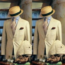 Summer Linen Beige Men's Suits Peak Lapel Wedding Groom Tuxedo Casual Coat Pant