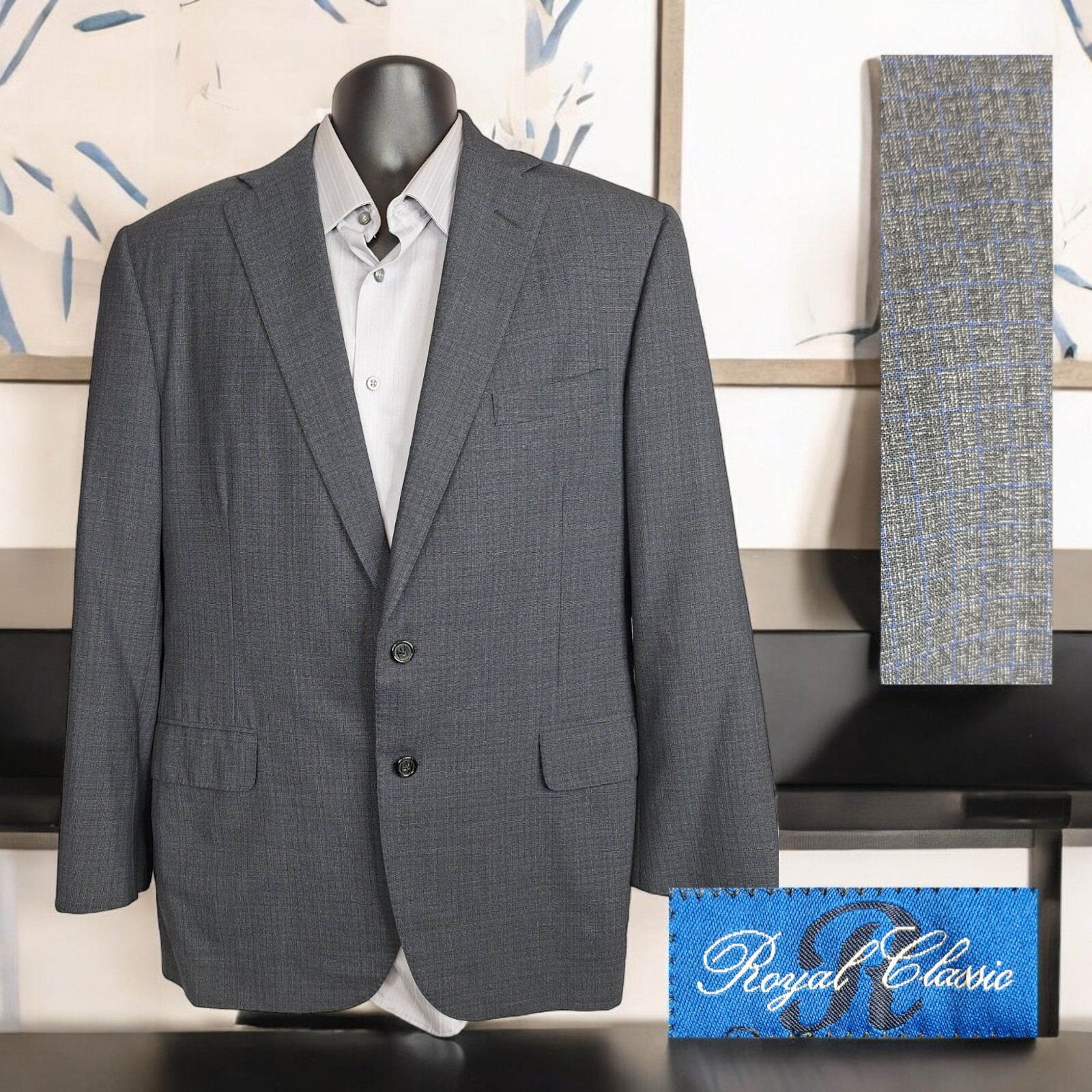 Tom James Mens 40R Dark Gray Plaid Double Vented Bespoke Blazer Jacket