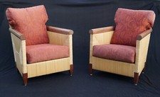 Pair of John Hutton for Donghia Rattan Cane Mahagony Wood Lounge Club Chairs