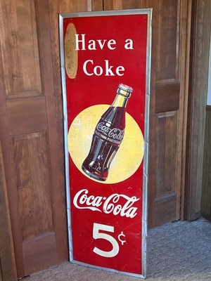 Coca Cola Original c1945 Vertical 5¢ Self Framed Yellow Sun Dot Scarce Coke Sign