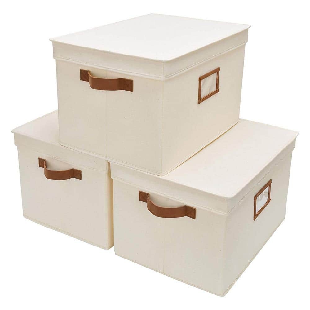 35 Qt. Fabric Storage Bin w/Lid in Ivory(3-Pack)