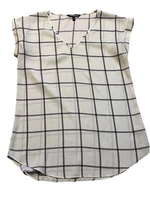 Express Women s Blouse Size S White Black Windowpane Plaid V-Neck