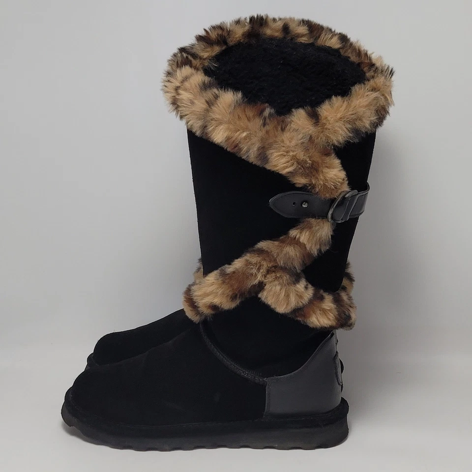 BEARPAW Sheilah Suede Plush Faux Fur Leopard Print Trimmed Tall Winter Boots 9 - Image 2 of 4