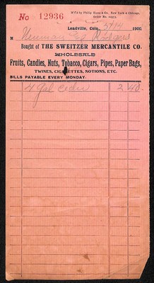 Sweitzer Mercantile Co Wholesale Leadville, CO 1901 Billhead / Receipt