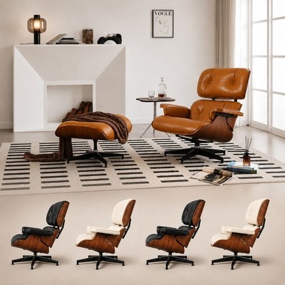 Pro Tall Mid Century Chaise Eames Lounge Chair With Ottoman  Real Leather