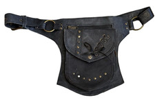 VTG Leather Waist Pack Utility Biker Belt Pouch Zipper Adjustable Festival Black