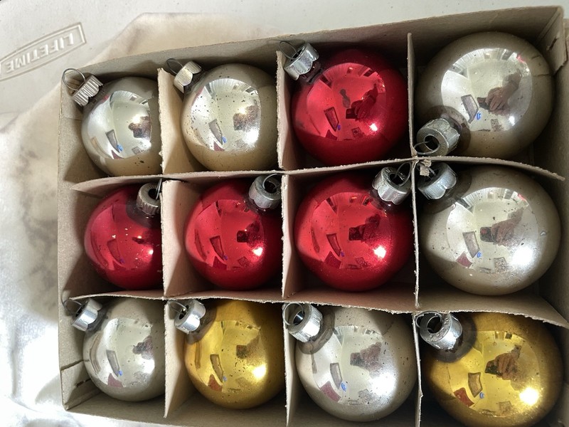 TWO BOXES OF VINTAGE/ANTIQUE ORNAMENTS IN BOXES MADE IN USA