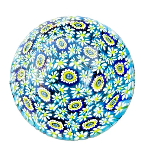 Murano Millefiori  Floral Sulfide Glass Paperweight Blue Green Rare
