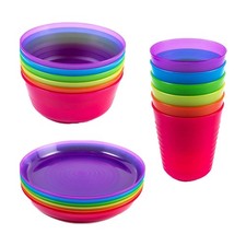 Plastic Dinnerware Set of 18 Multi Color Pieces (Plates, Bowls, and Cups) - R...