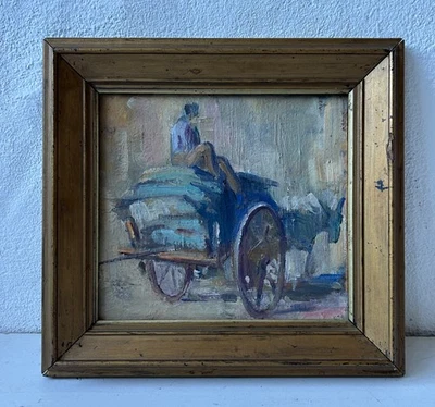 Ölbild Impressionist Eselkarren PLJ Monogramm 30,5 x 32,5 cm mit Bilderrahmen - Bild 1 von 4