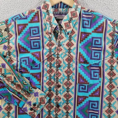 Vtg Plainsman Western Shirt Mens Large 16 Aztec Southwest Rodeo Cowboy Turquoise