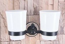 Oil Rubbed Bronze Toothbrush Holder Double Ceramic Cups Bathroom Wall Mount