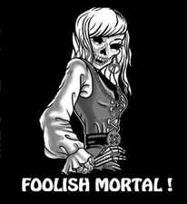 FOOLISH MORTAL VAMPIRE BLOOD GIRL FANGS SKULL T-SHIRT