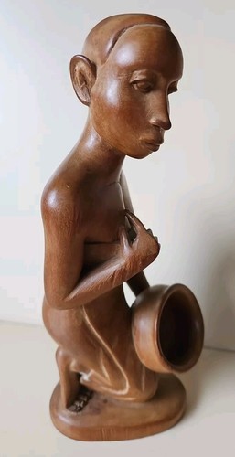 Hand Carved Wooden Figure African Woman With Bowl 24.5cm Tall