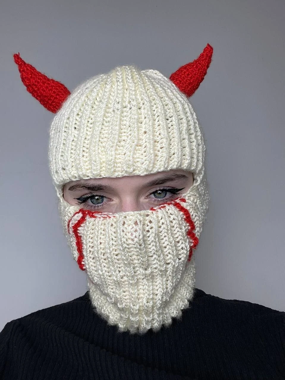 Handmade knitted devil ski mask/balaclava