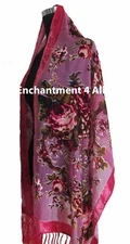Elegant 100% Silk Burnout Velvet Vintage Floral Oblong Scarf Shawl Wrap, Pink
