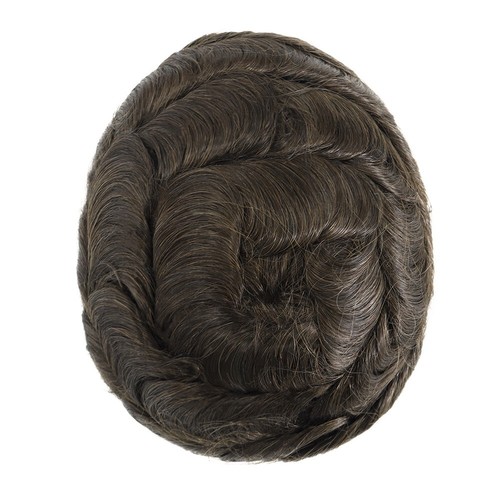 Mens Toupee Human Hair Replacement System Fine Mono Medium Brown Hair Pieces #4 - Picture 2 of 10