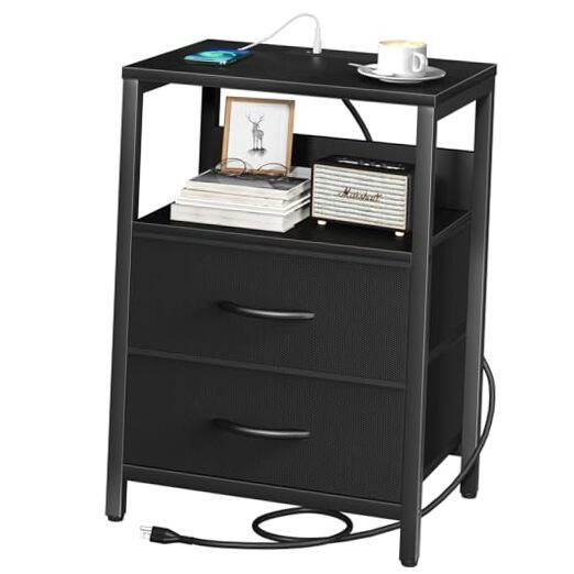 Black Nightstand with Charging Station & Fabric Drawers-image