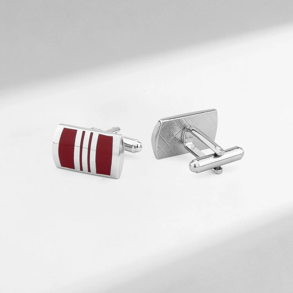 Men Silver Plated Copper Cuff Links Red EnamelClassic Wedding Jewelry Tie Clip - Image 3 of 4