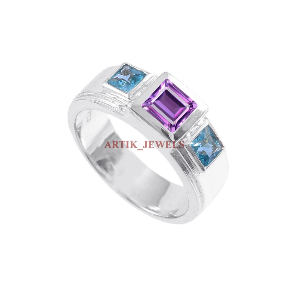 Piedras preciosas de amatista natural y topacio azul con anillo de plata de ley 925 para hombre #5722 Foto 2 de 4