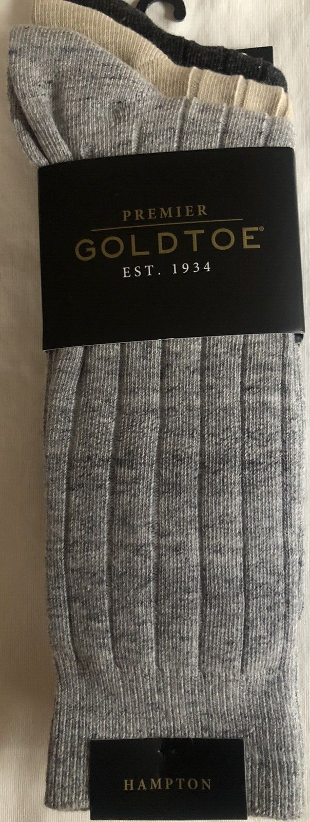 Gold Toe Men's 3Pk Hampton Premium Cotton Crew Socks Grey Tan ChC Shoe