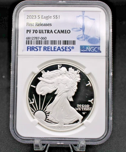 2023 S PROOF SILVER EAGLE NGC PF70 ULTRA CAMEO FIRST RELEASES BLUE LABEL