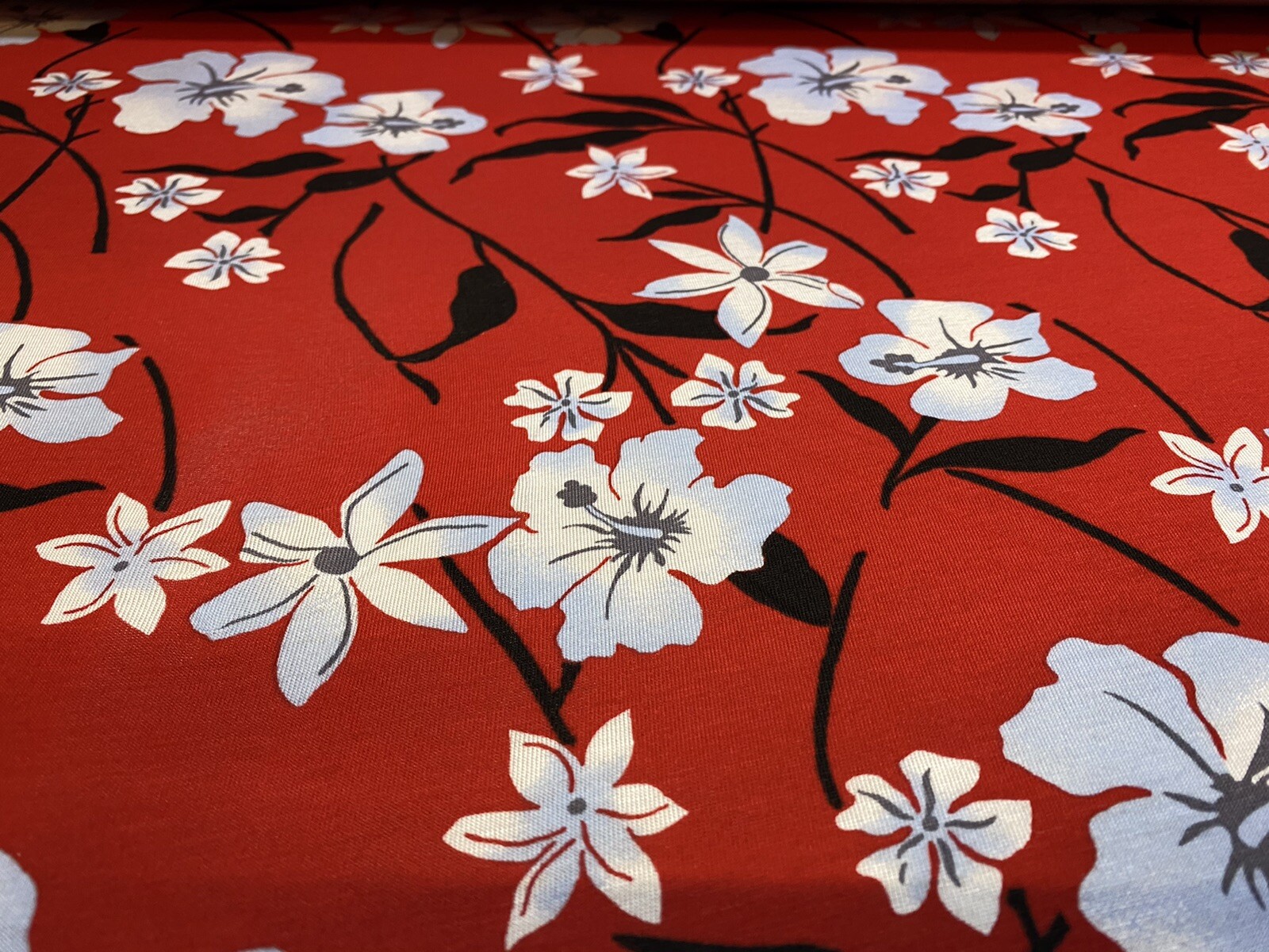 Viscose Elastane Jersey Fabric, Red With White Flowers Print, Per Metre