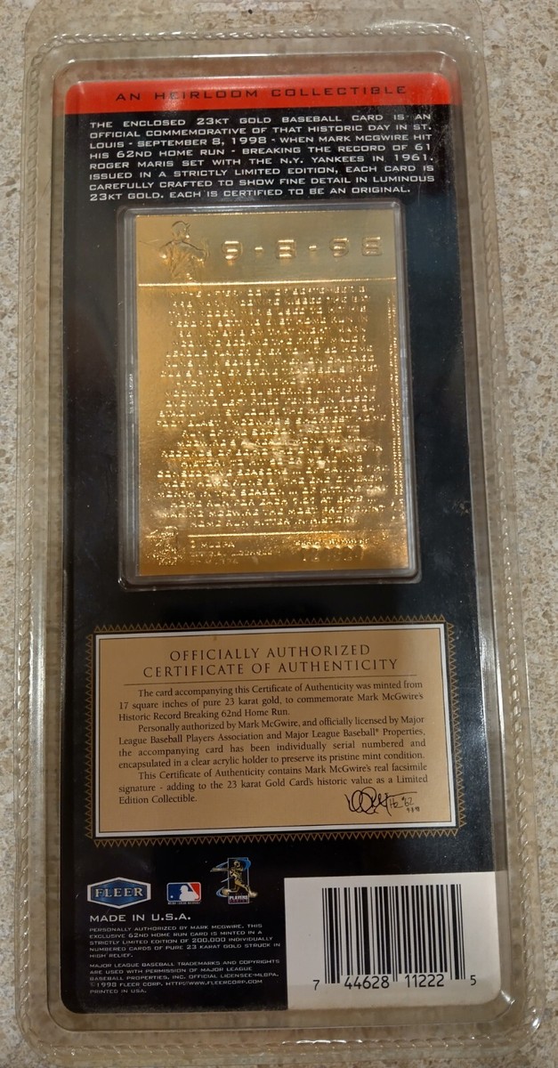 Vth MARK MCGWIRE Official 62ND HR 23kt Gold Commemorative BASEBALL