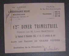 Invitation Diner Louis Barthou pour l’Indépendance Belge au grand Véfour. 1904