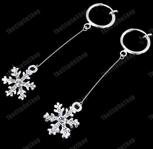CLIP ON dangle CRYSTAL SNOWFLAKE EARRINGS rhinestone SILVER PLATED hoop clips