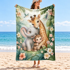 Giraffe Elephant Monkey Tropical Flowers Coral Fleece Blanket