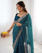 Women's Georgette Leheriya Printed Sequence Embroidery Lace Saree With Embroider