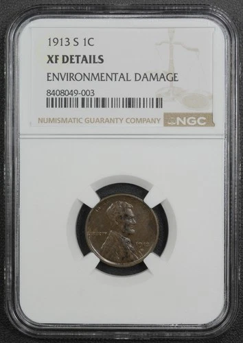 1913 S Lincoln Wheat Copper Cent 1C NGC XF Details - Environmental Damage