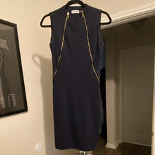 Calvin Klein Women’s Sheath Dress 4 Navy Solid Sleeveless High Neck Gold Zip