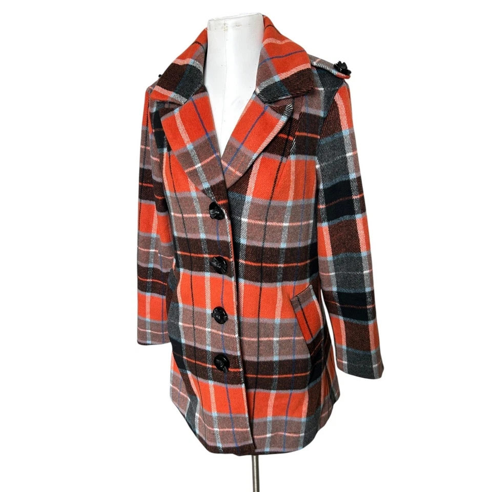 Anthropologie Nick & Mo Wool Orange Plaid Coat Jacket Retro Insp 70s Twee Cute M - Image 4 of 4