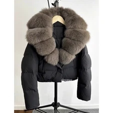 Women's Fox Fur Collar White Duck Down Western Style Thicken Jacket Warm Jacket