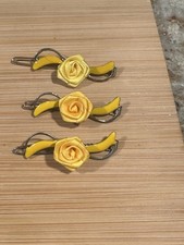 Vintage Hair Barrettes Silk Rose Enamel Hair Clip Yellow Feminine Lot Of 3