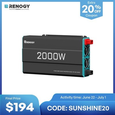 Renogy 2000W Pure Sine Wave Inverter 12V DC to 120V AC Converter Remote Control