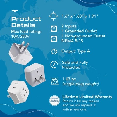 Japan Philippines Travel Adapter Plug BU USA 3 Pin Polarized
