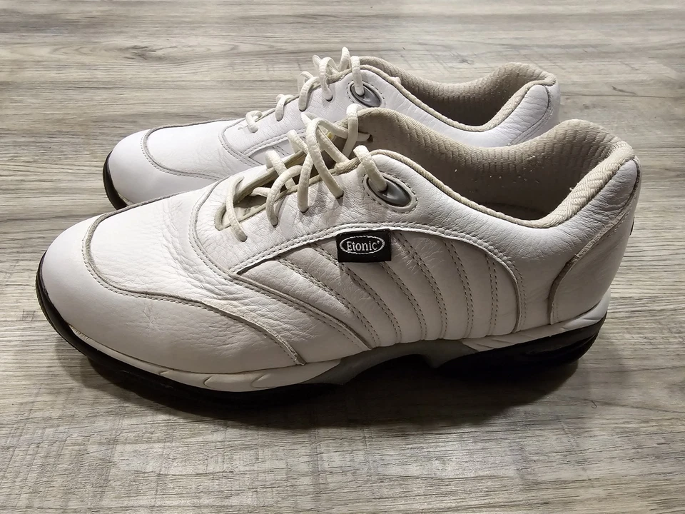 Vintage '01 Etonic Golf Shoes Mens 9.5 M White Leather Classic Comfort Spikes - Image 2 of 4