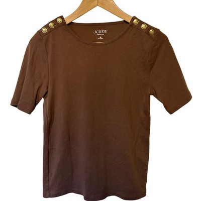 J Crew Perfect Fit T-Shirt Gold Button Shoulder Brown Women's Size Medium EUC