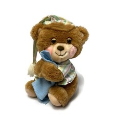 Vtg Teddy Beddy Bear Plush W/Blue Blankie Striped Pajamas Nightcap 10"